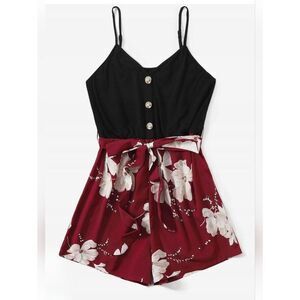 SHEIN 1X Black & Burgundy Floral Shorts Romper 3664-CR